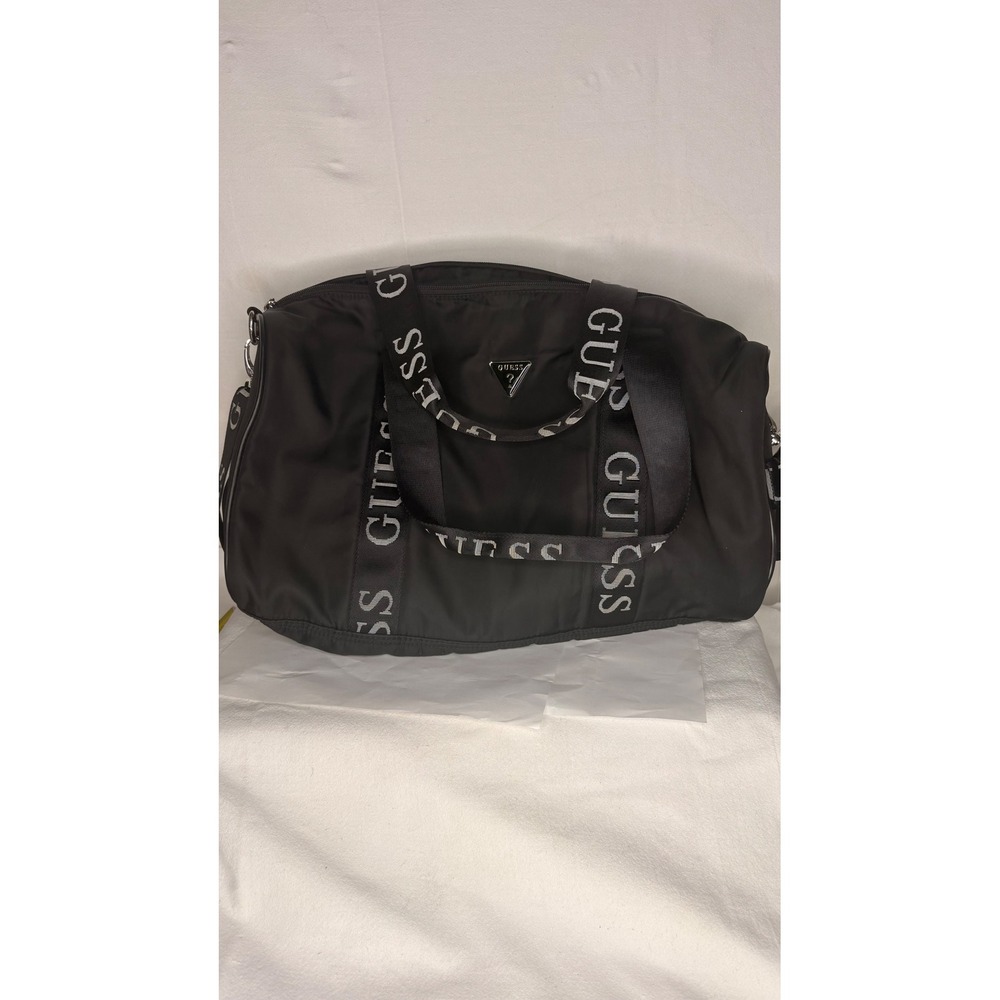 Guess Black Nylon Duffel Bag Logo Webbing Straps Weekender Travel Gym Bag